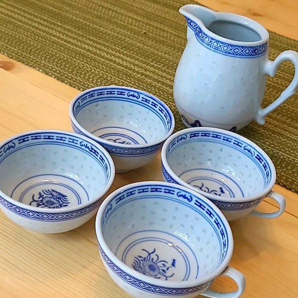 Chinese Rice Grain Eyes Pattern White Flower Cups Set of 4 with Creamer Vintage